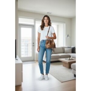 Antonio Melani Leather Drawstring Bronze Shoulder Bag Handbag Purse EUC